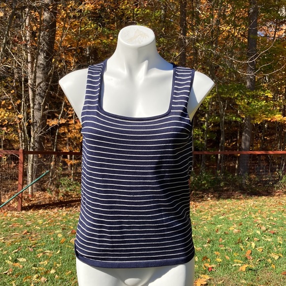 Lauren Ralph Lauren navy/white pinstripe cardigan with matching knit tank sz 10 - Picture 2 of 6